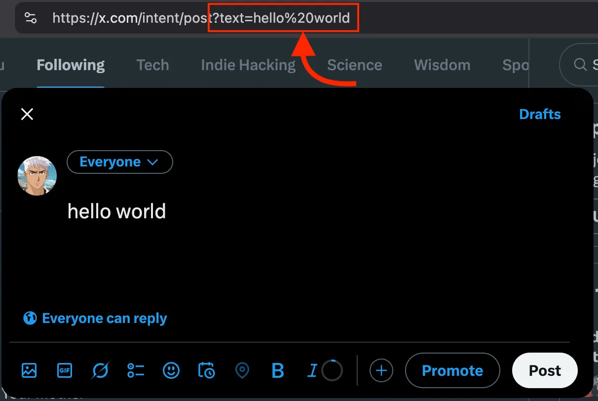 Screenshot of creating a tweet that has been pre-populated with the text "hello world"